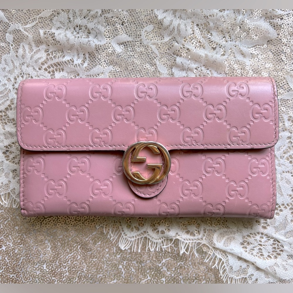 GUCCI AUTHENTICATED Guccissima GG Interlocking Pink Leather Long Wallet/Clutch